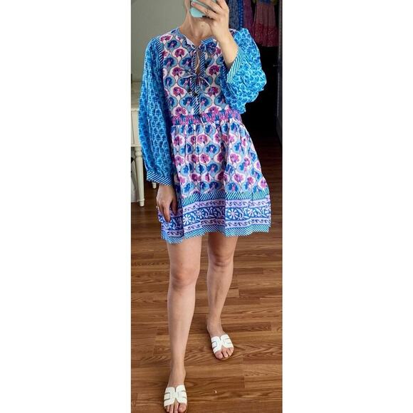 OLIPHANT Tie Front Balloon Sleeve Short Blue Cotton Block Print Dress Tuckernuck - Picture 13 of 16